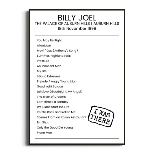 Billy Joel Auburn Hills 18 November 1998 Setlist Poster