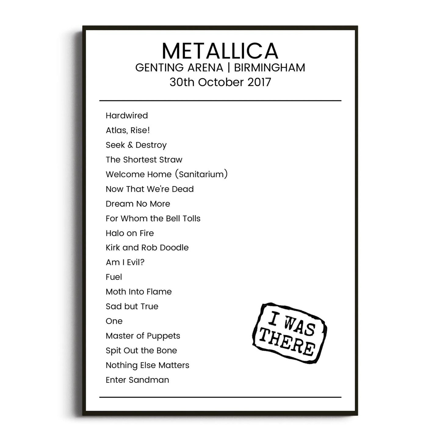 Metallica Birmingham 30 October 2017 Setlist Poster