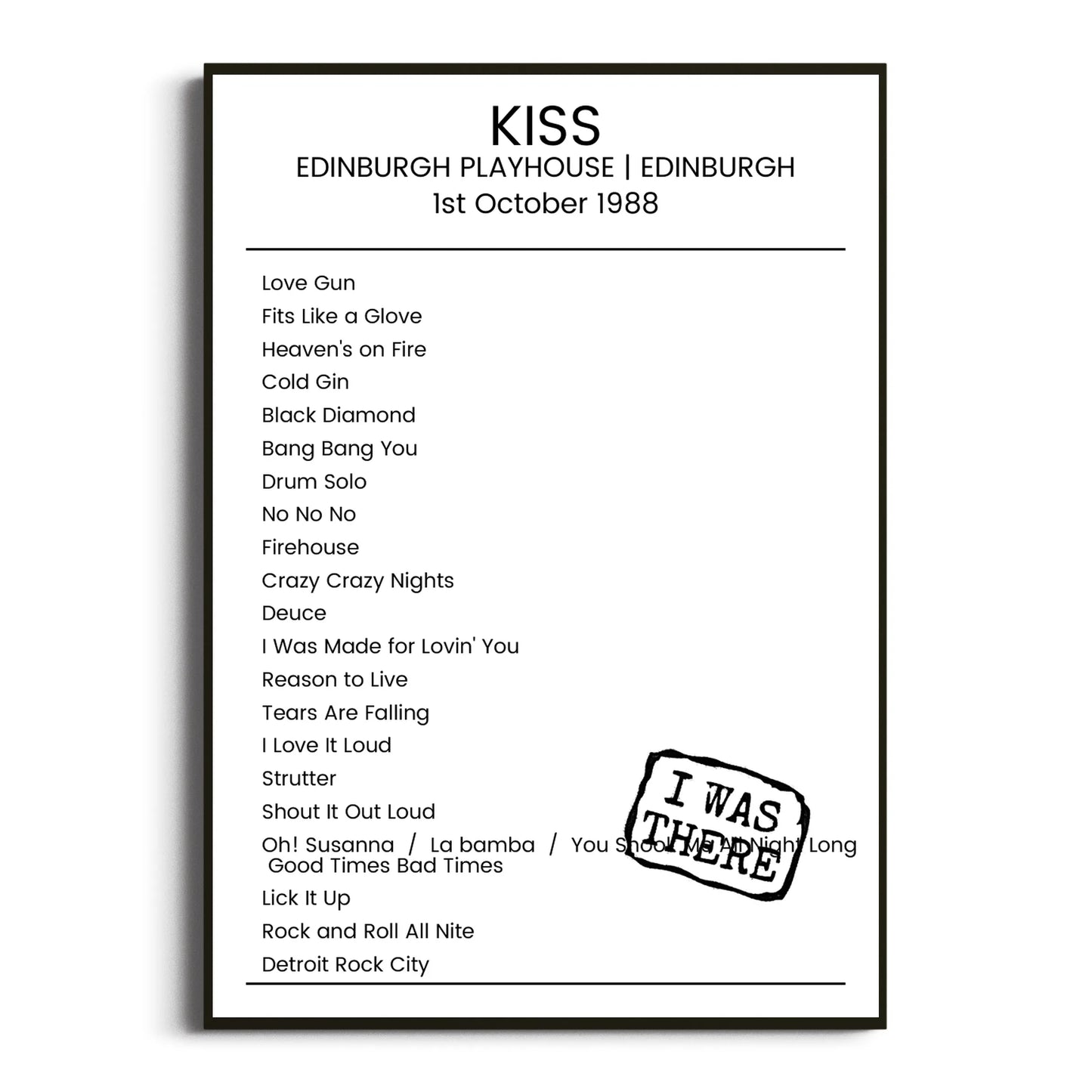 KISS Edinburgh 01 October 1988 Setlist Poster