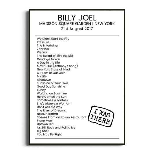 Billy Joel New York 21 August 2017 Setlist Poster