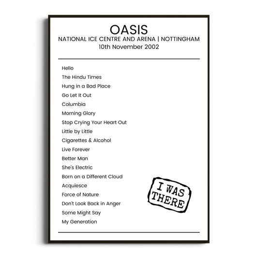 Oasis Nottingham 10 November 2002 Setlist Poster