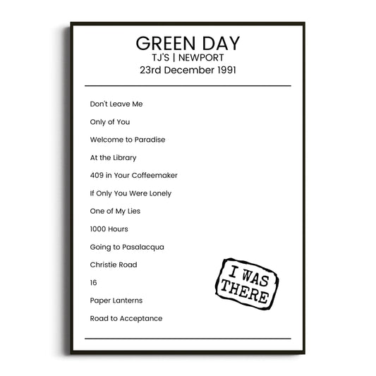 Green Day Newport 23 December 1991 Setlist Poster