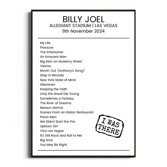 Billy Joel Las Vegas 09 November 2024 Setlist Poster