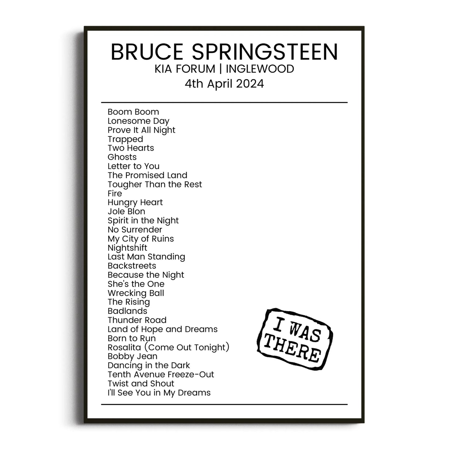 Bruce Springsteen Inglewood 04 April 2024 Setlist Poster