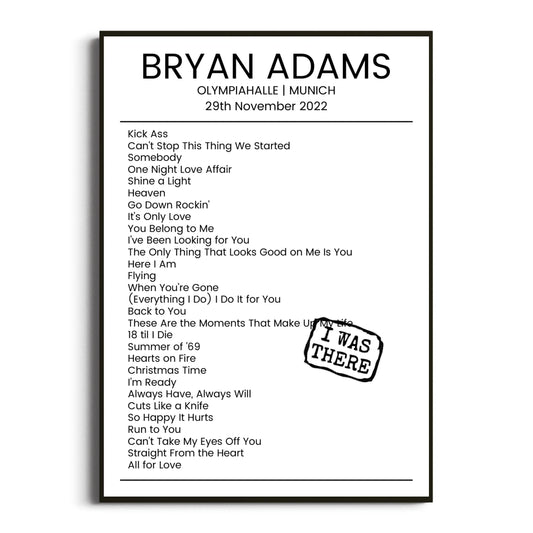 Bryan Adams Munich 29 November 2022 Setlist Poster