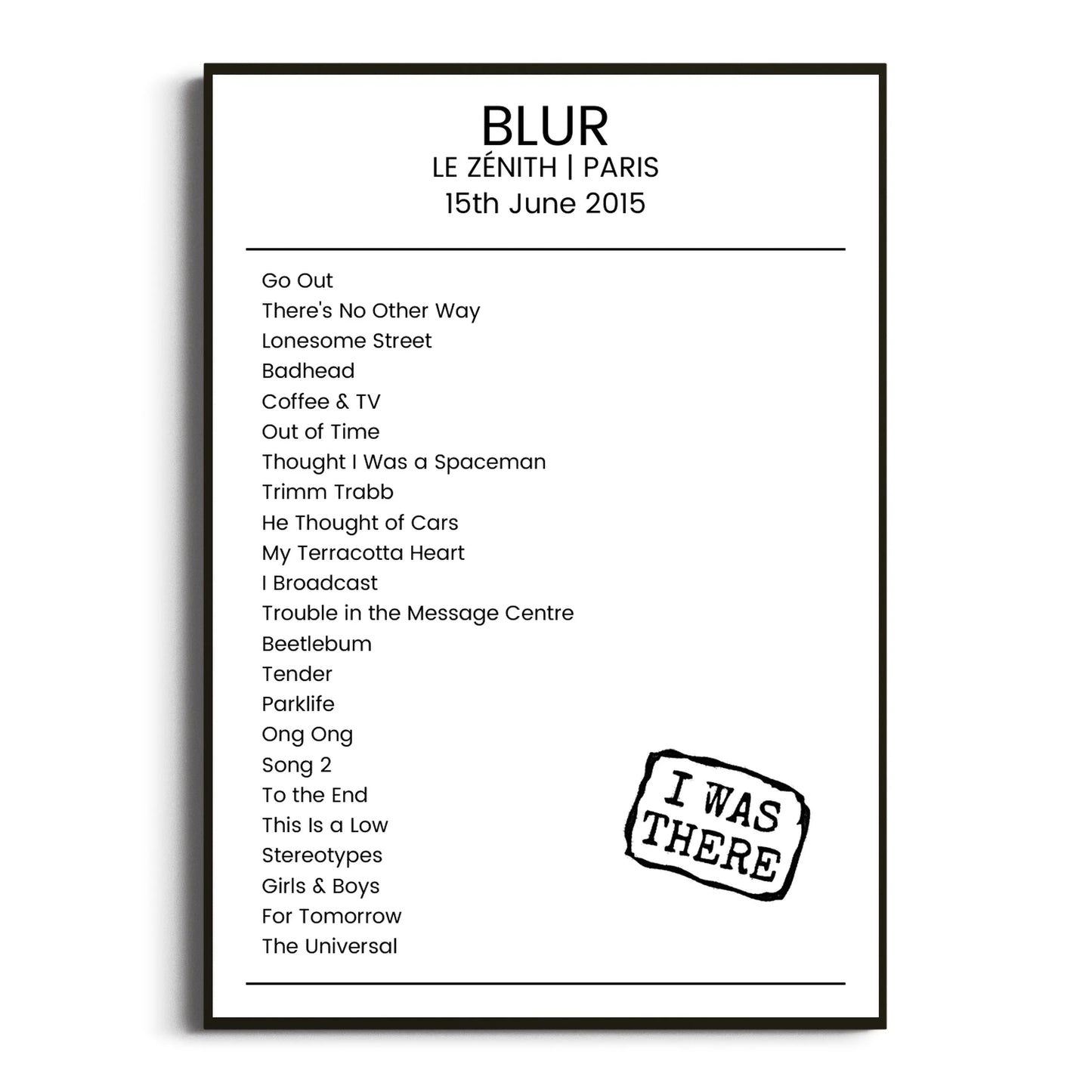 Blur Paris 15 June 2015 Setlist Poster