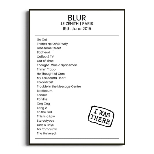 Blur Paris 15 June 2015 Setlist Poster