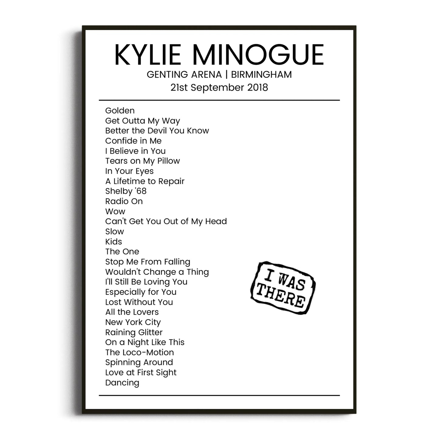 Kylie Minogue Birmingham 21 September 2018 Setlist Poster