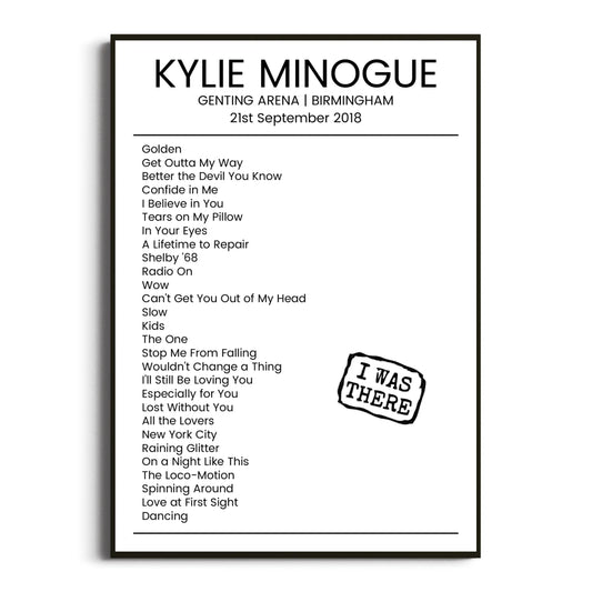 Kylie Minogue Birmingham 21 September 2018 Setlist Poster