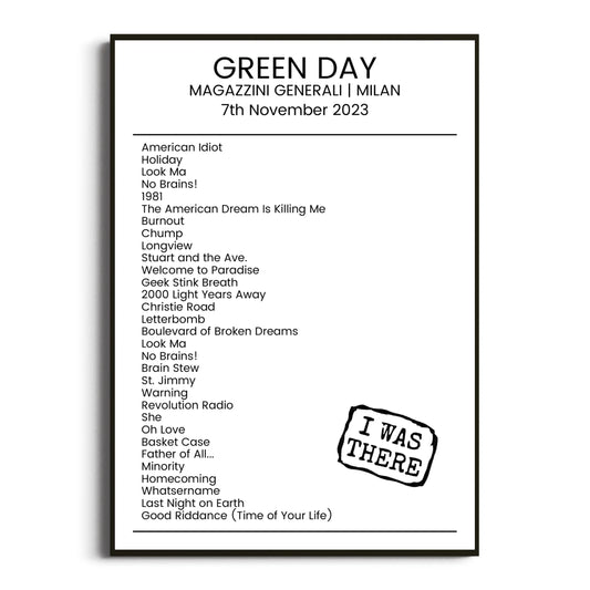 Green Day Milan 07 November 2023 Setlist Poster