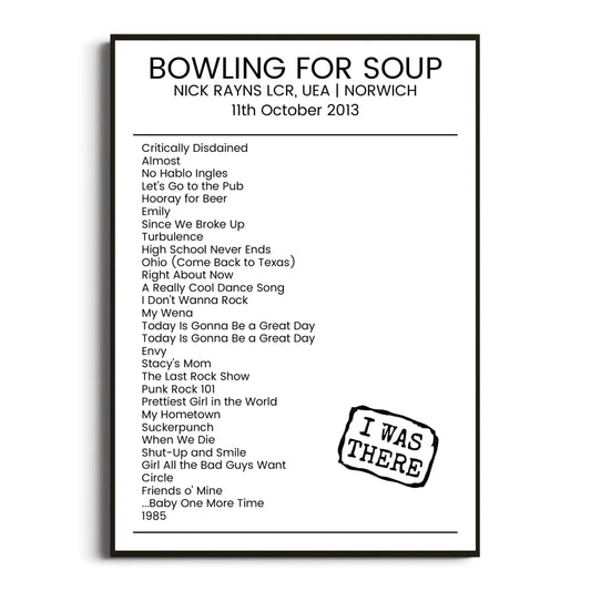 Bowling for Soup Norwich 11 October 2013 Setlist Poster