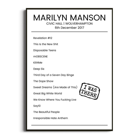 Marilyn Manson Wolverhampton 06 December 2017 Setlist Poster