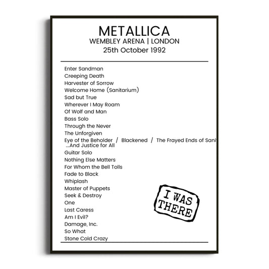 Metallica London 25 October 1992 Setlist Poster