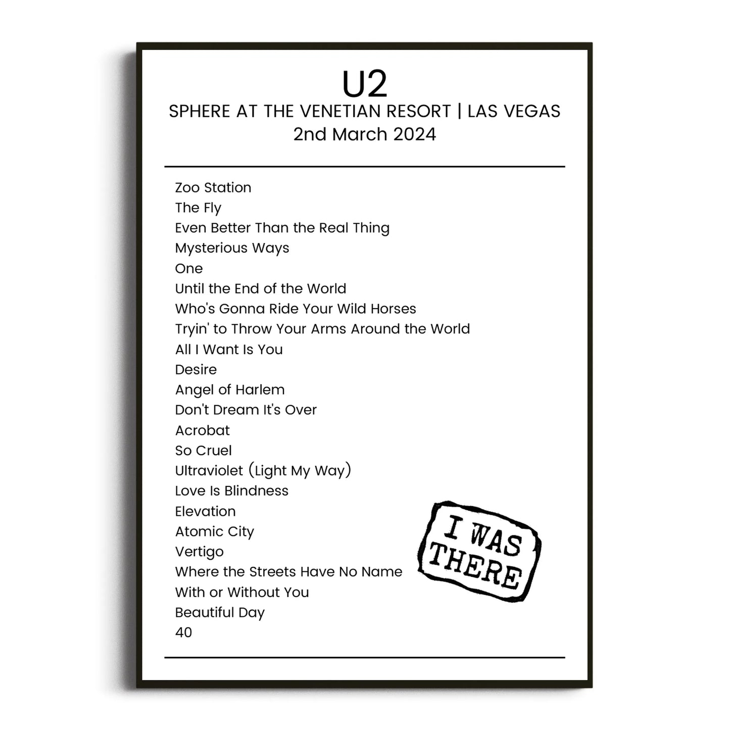 U2 Las Vegas 02 March 2024 Setlist Poster