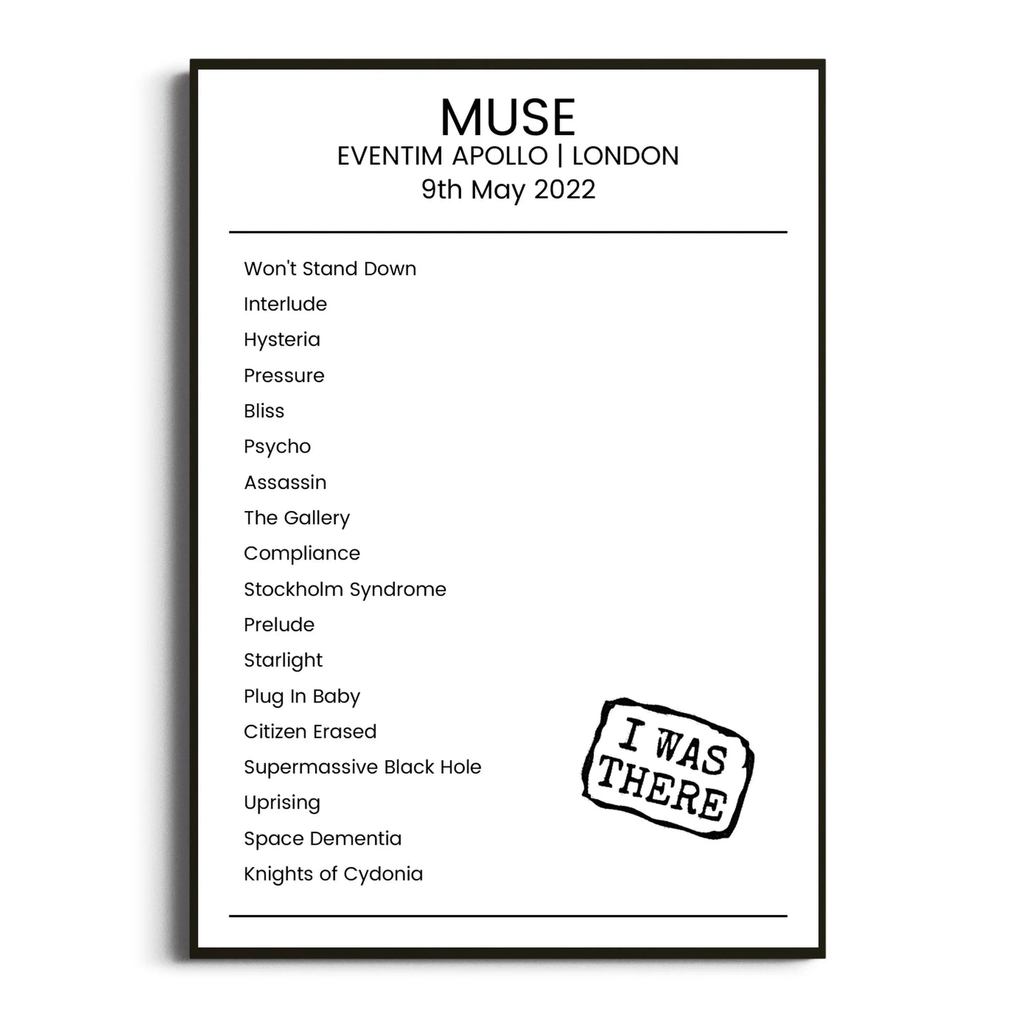 Muse London 09 May 2022 Setlist Poster