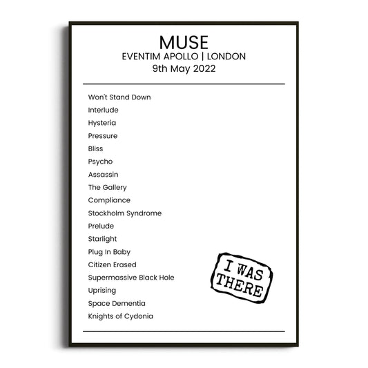 Muse London 09 May 2022 Setlist Poster