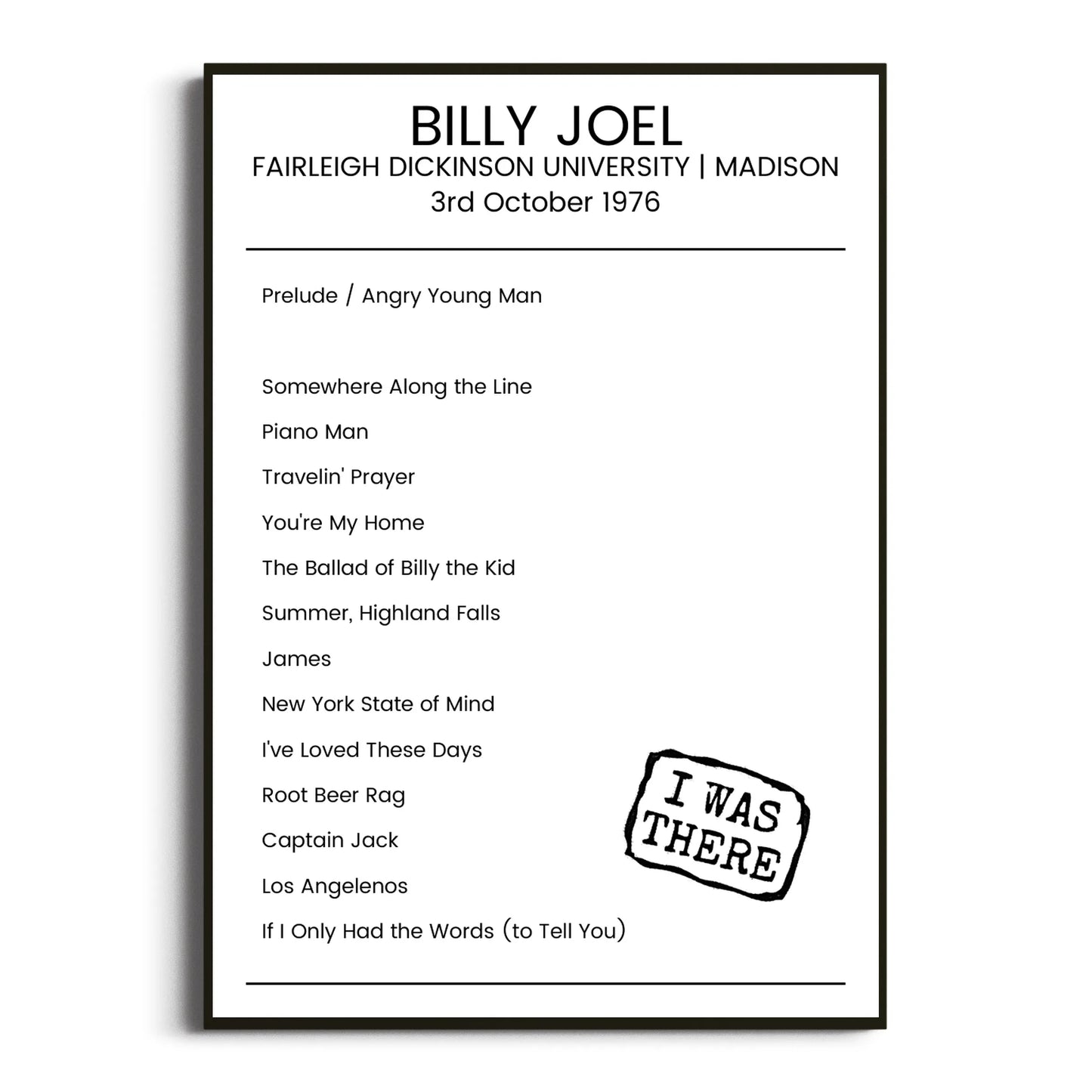 Billy Joel Madison 03 October 1976 Setlist Poster