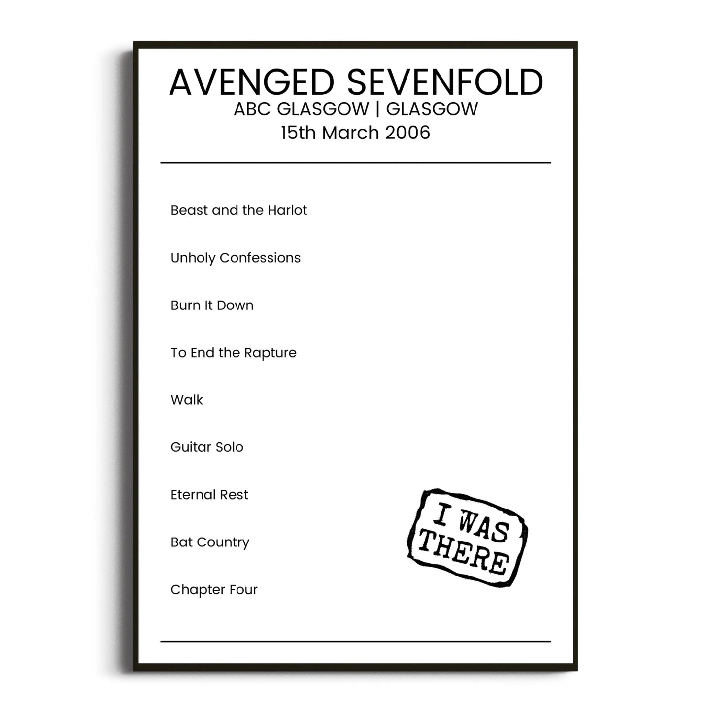 Avenged Sevenfold Glasgow 15 March 2006 Setlist Poster