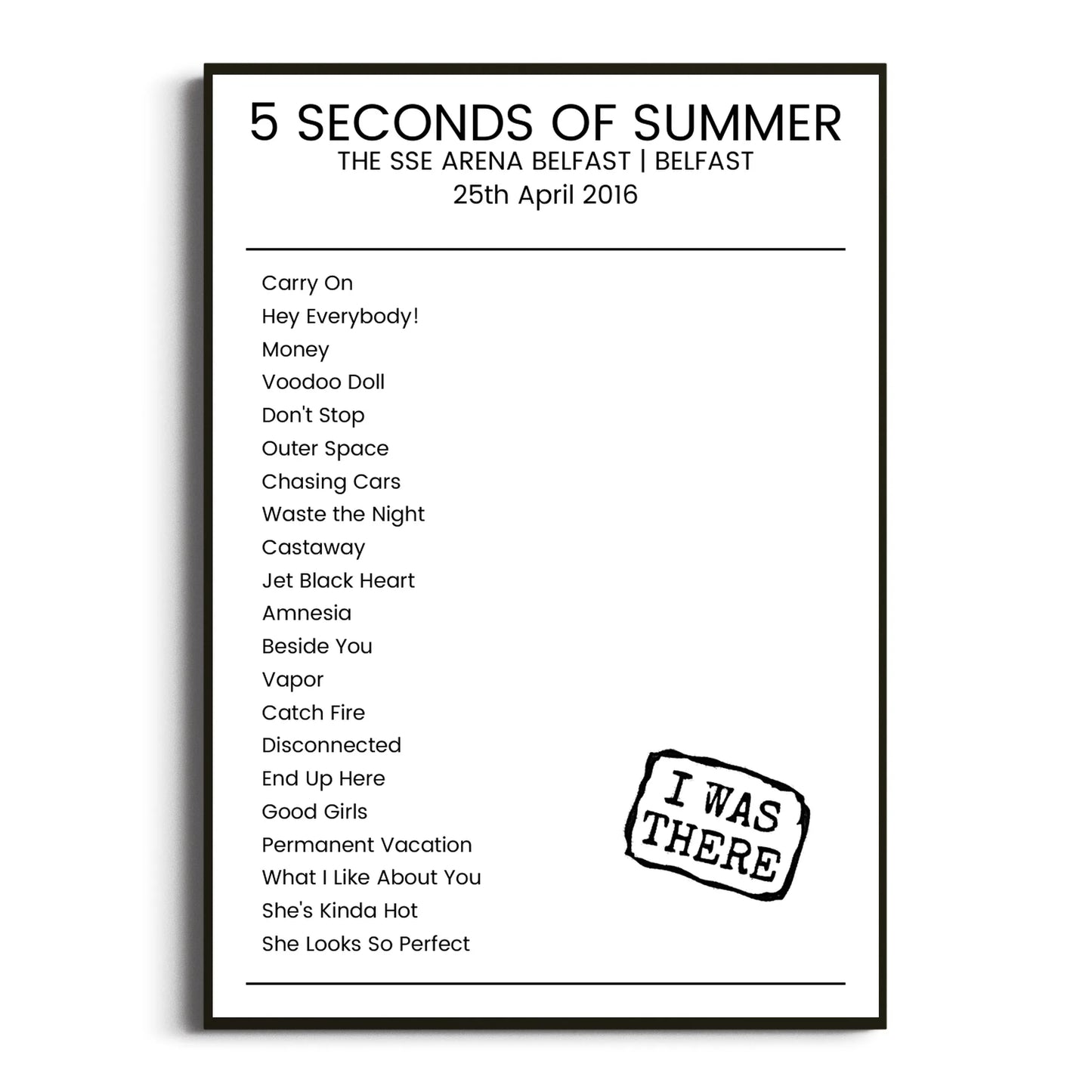 5 Seconds of Summer Belfast 25 April 2016 Setlist Poster