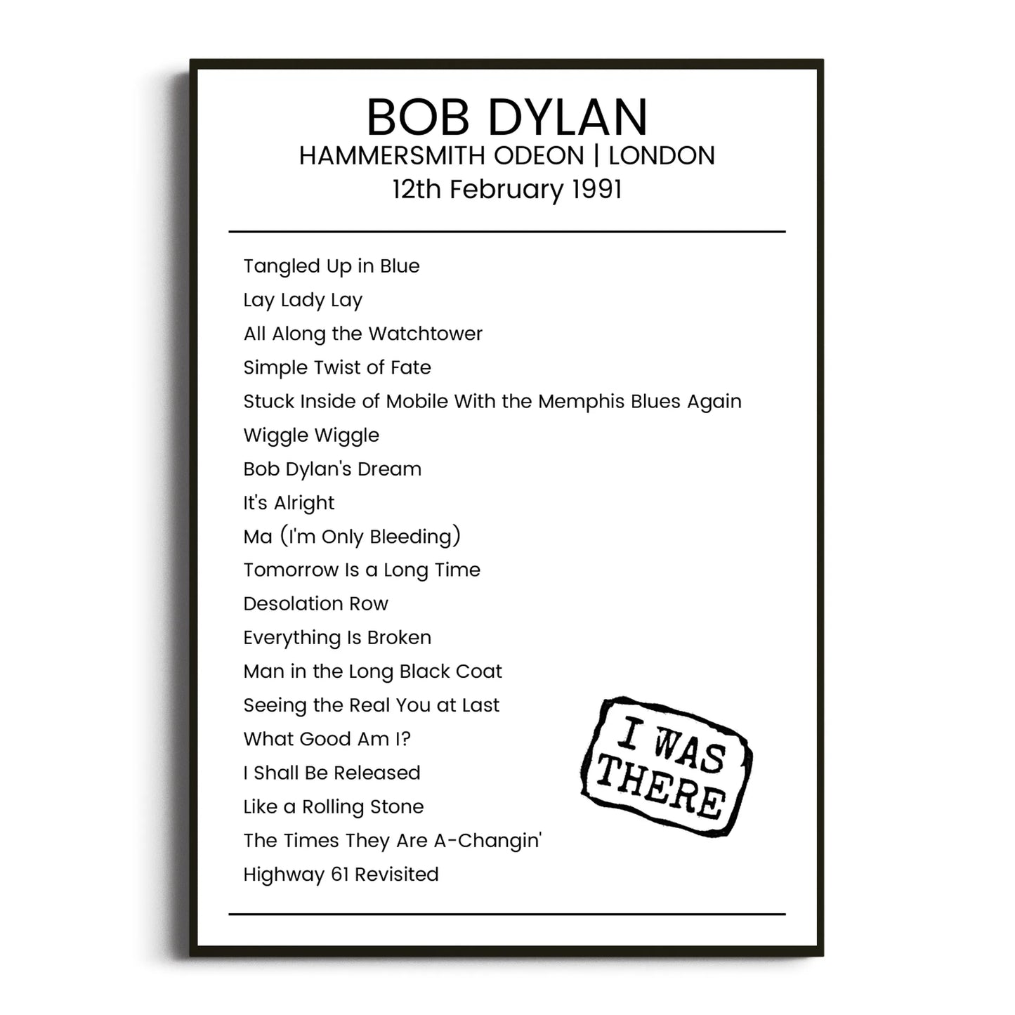 Bob Dylan London 12 February 1991 Setlist Poster