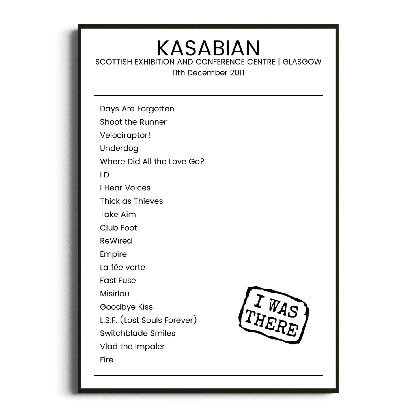 Kasabian Glasgow 11 December 2011 Setlist Poster