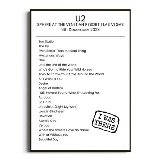 U2 Las Vegas 09 December 2023 Setlist Poster