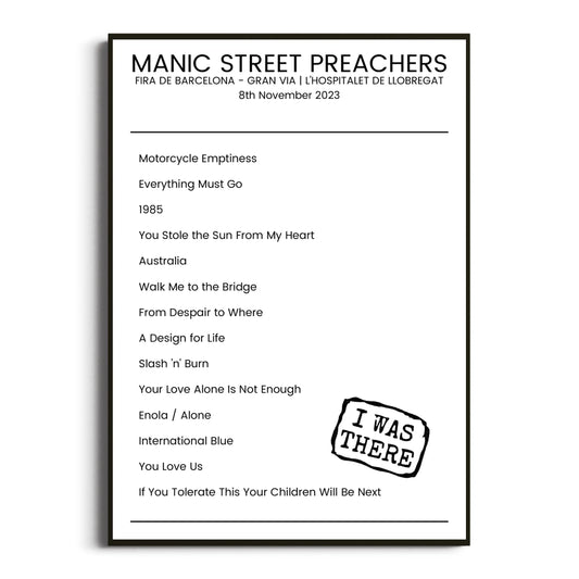 Manic Street Preachers L'Hospitalet de Llobregat 08 November 2023 Setlist Poster