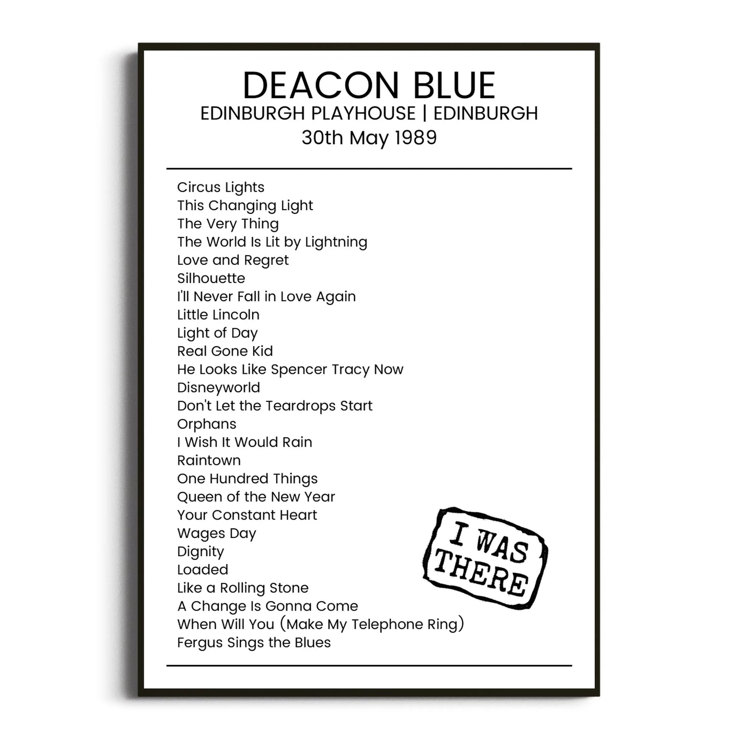 Deacon Blue Edinburgh 30 May 1989 Setlist Poster