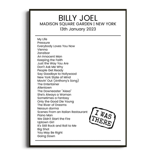 Billy Joel New York 13 January 2023 Setlist Poster