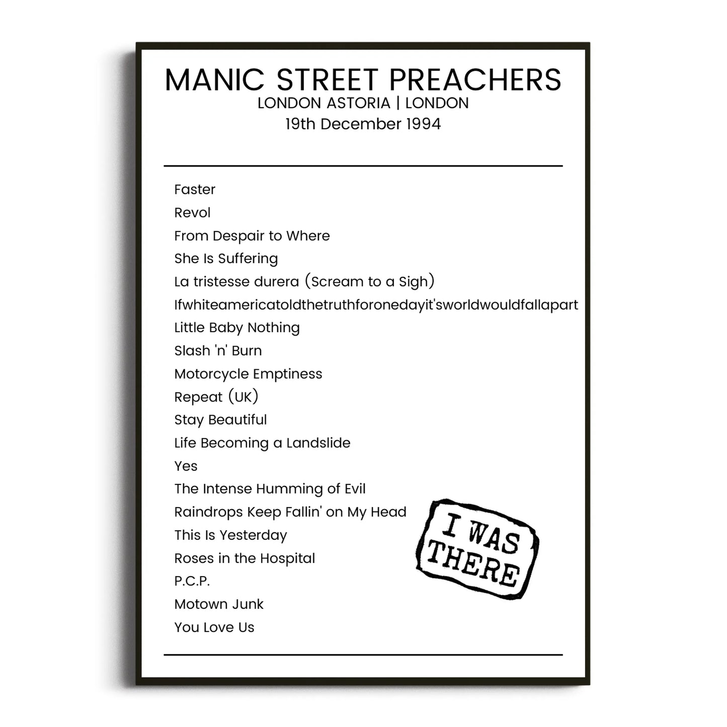 Manic Street Preachers London 19 December 1994 Setlist Poster