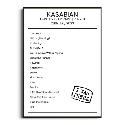 Kasabian Penrith 28 July 2023 Setlist Poster