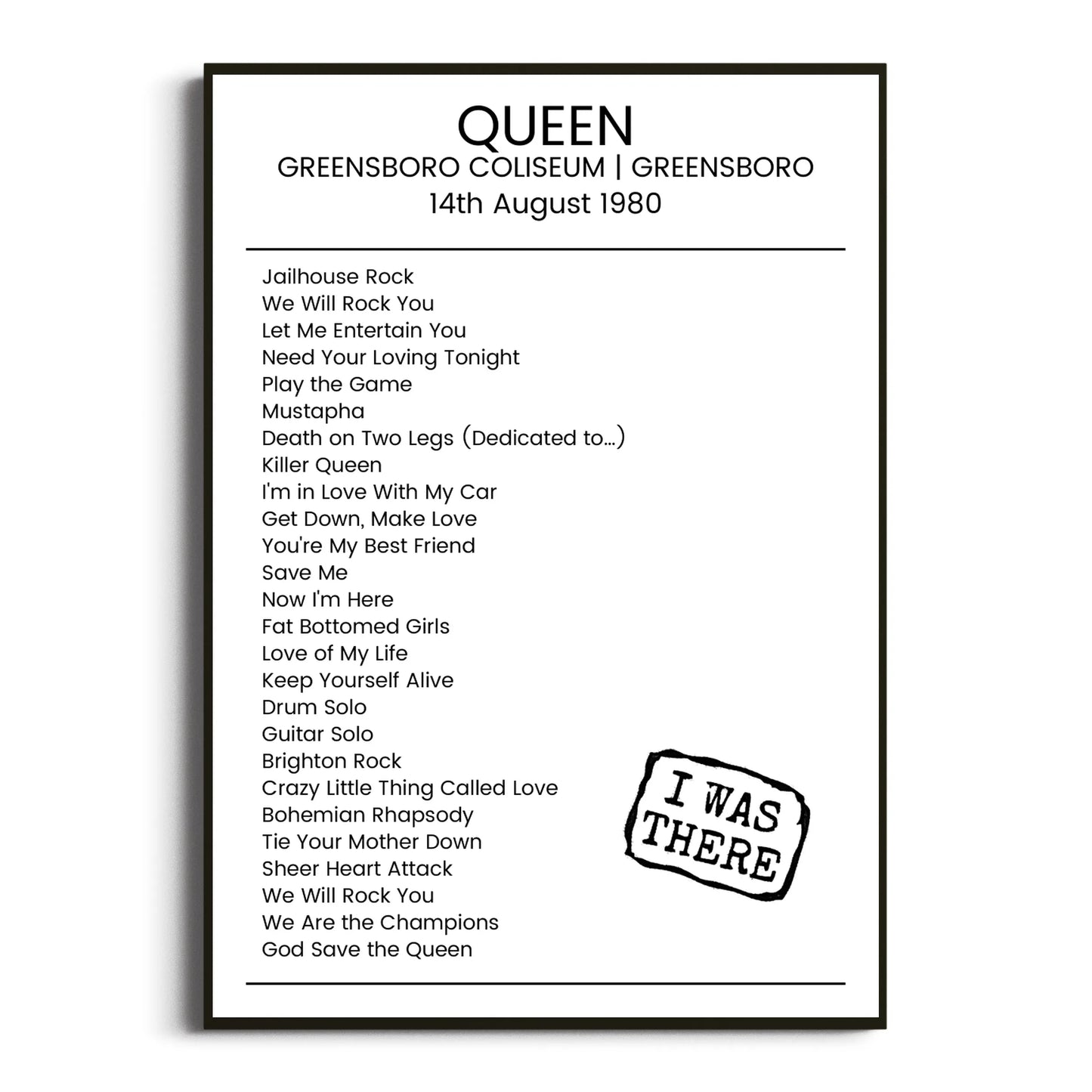 Queen Greensboro 14 August 1980 Setlist Poster