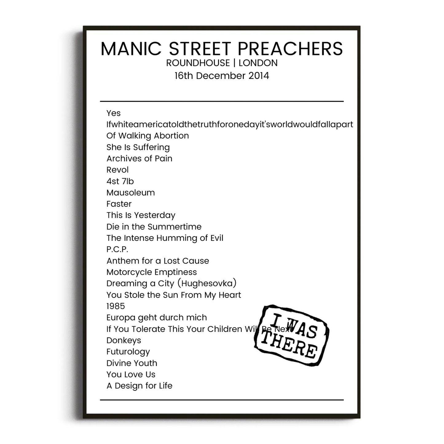 Manic Street Preachers London 16 December 2014 Setlist Poster