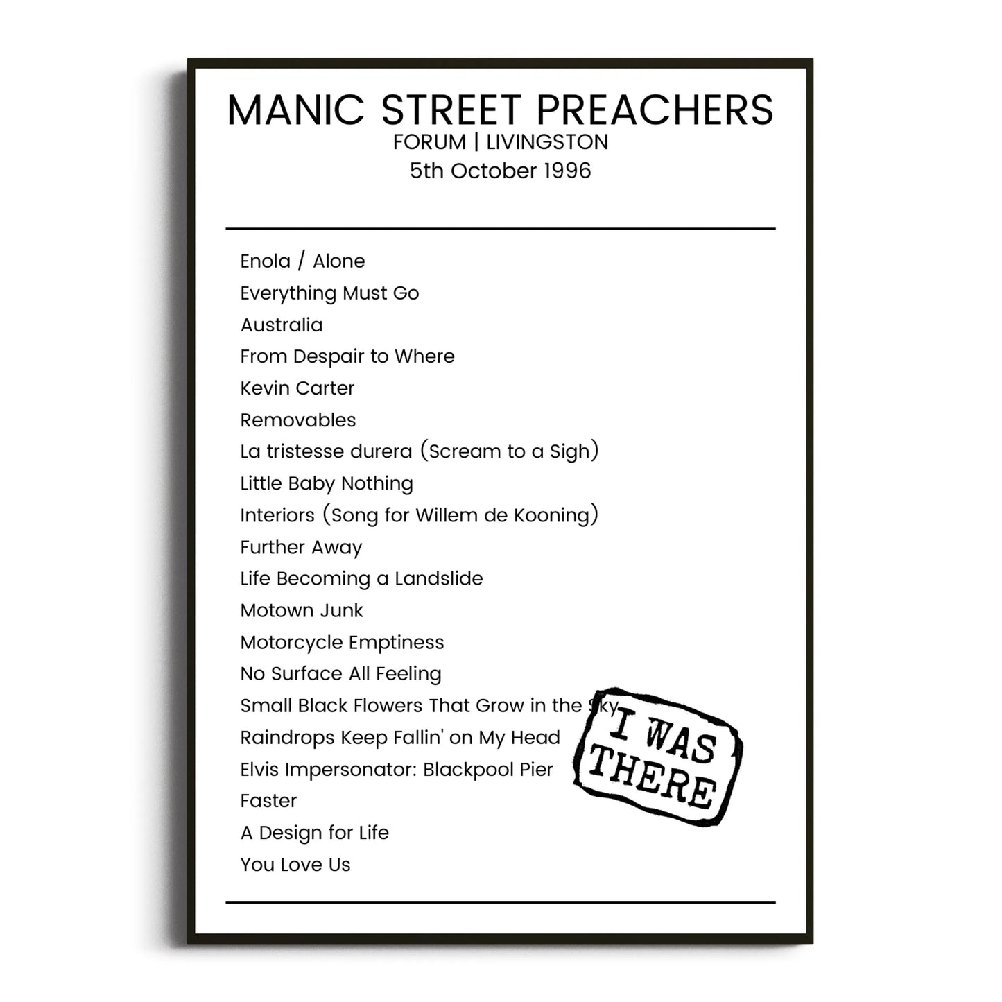 Manic Street Preachers Livingston 05 October 1996 Setlist Poster