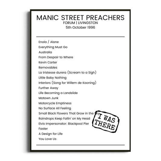 Manic Street Preachers Livingston 05 October 1996 Setlist Poster