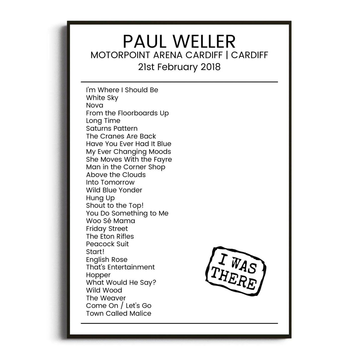 Paul Weller Cardiff 21 February 2018 Setlist Poster