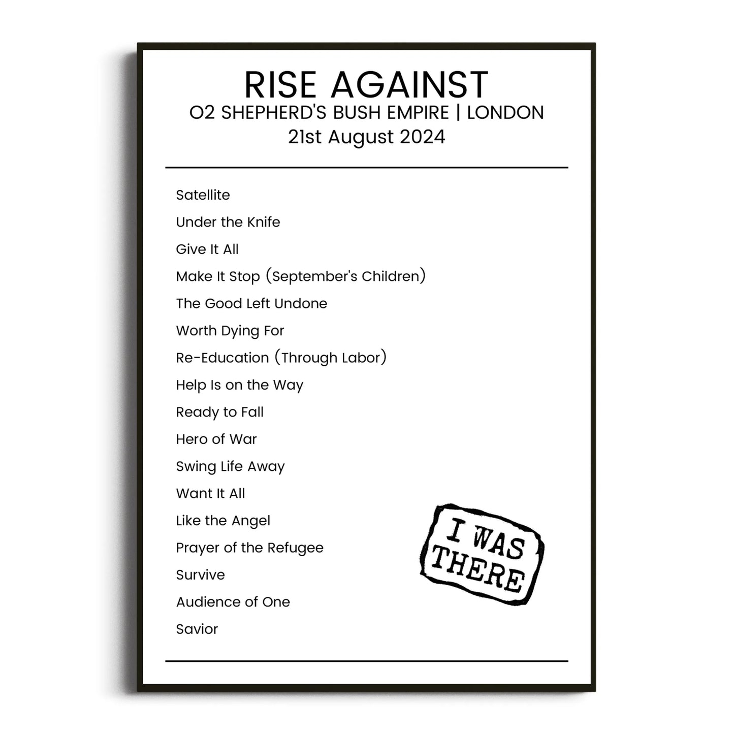 Rise Against London 21 August 2024 Setlist Poster