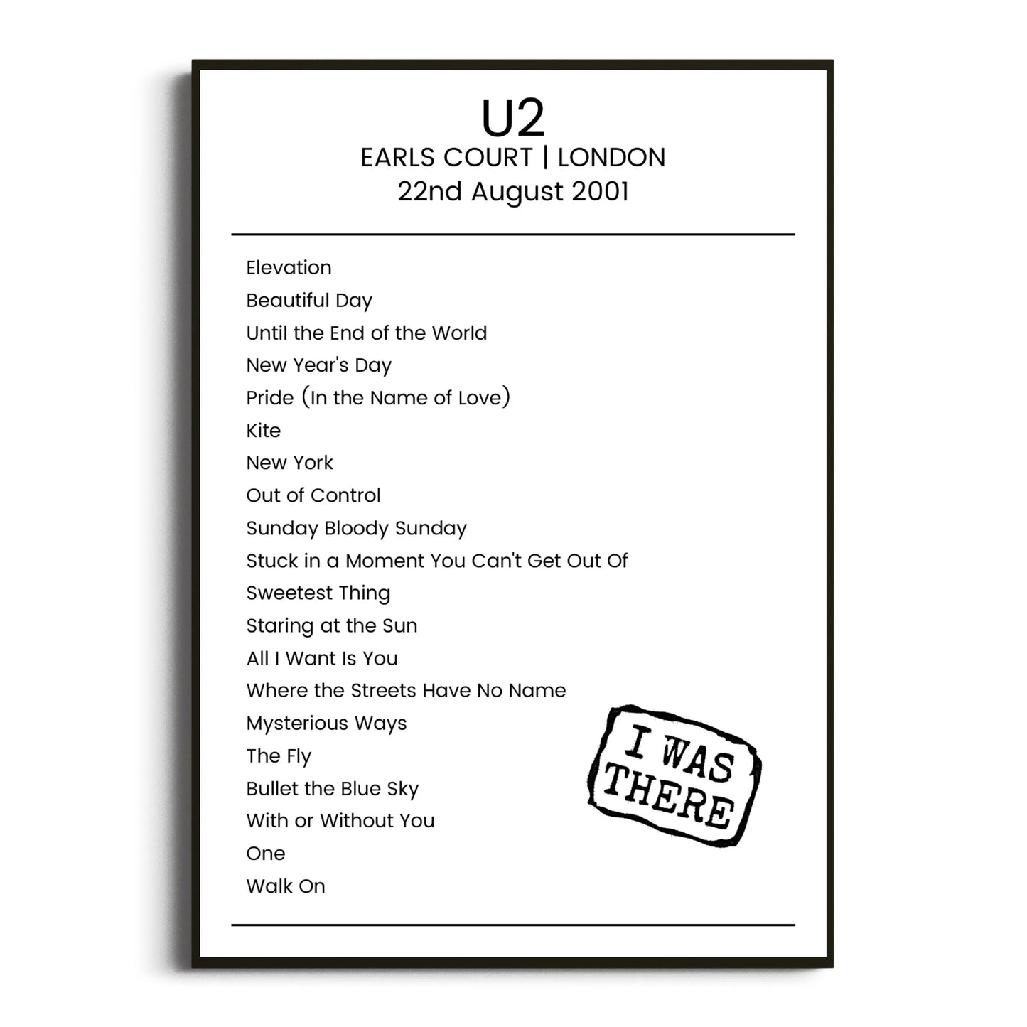 U2 London 22 August 2001 Setlist Poster