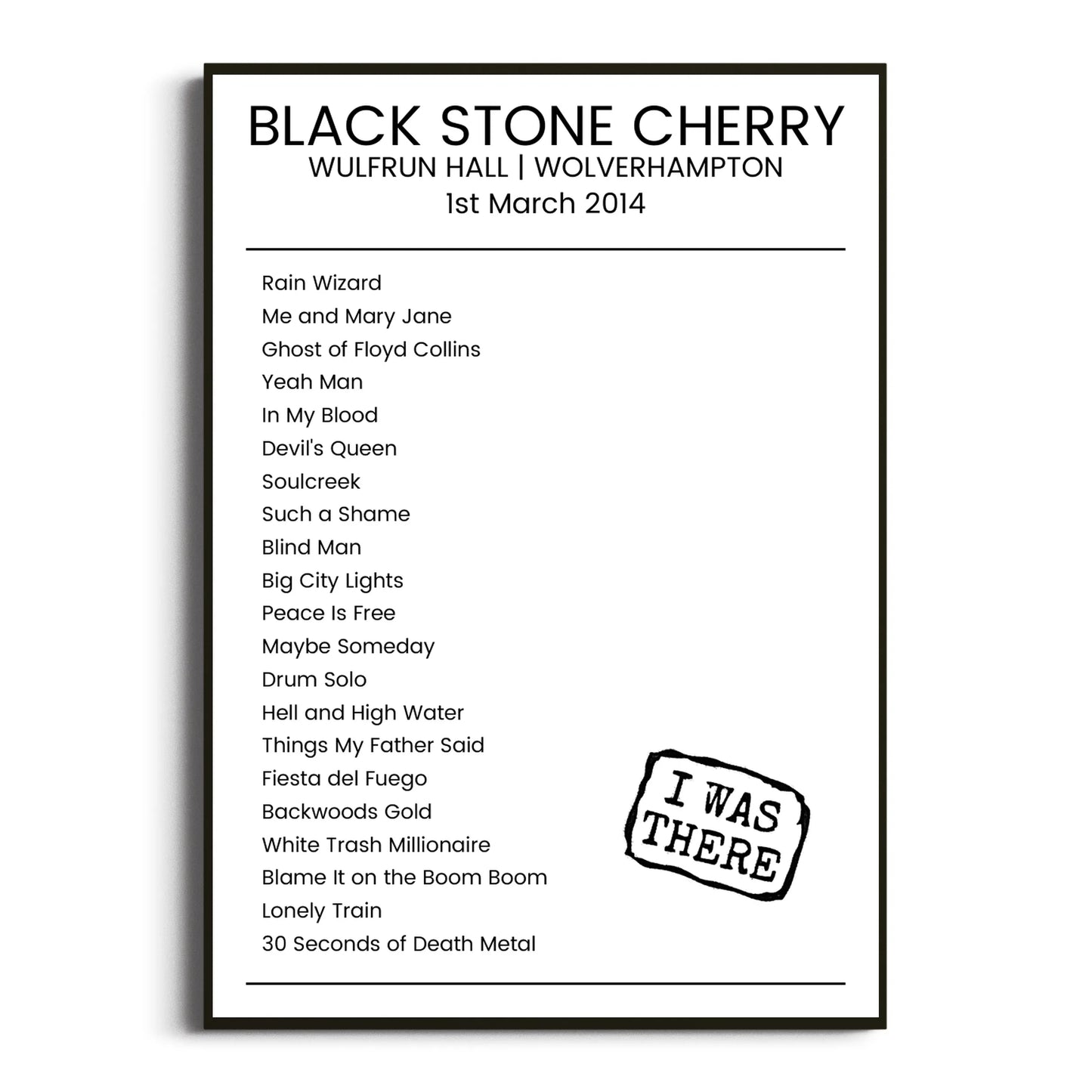 Black Stone Cherry Wolverhampton 01 March 2014 Setlist Poster