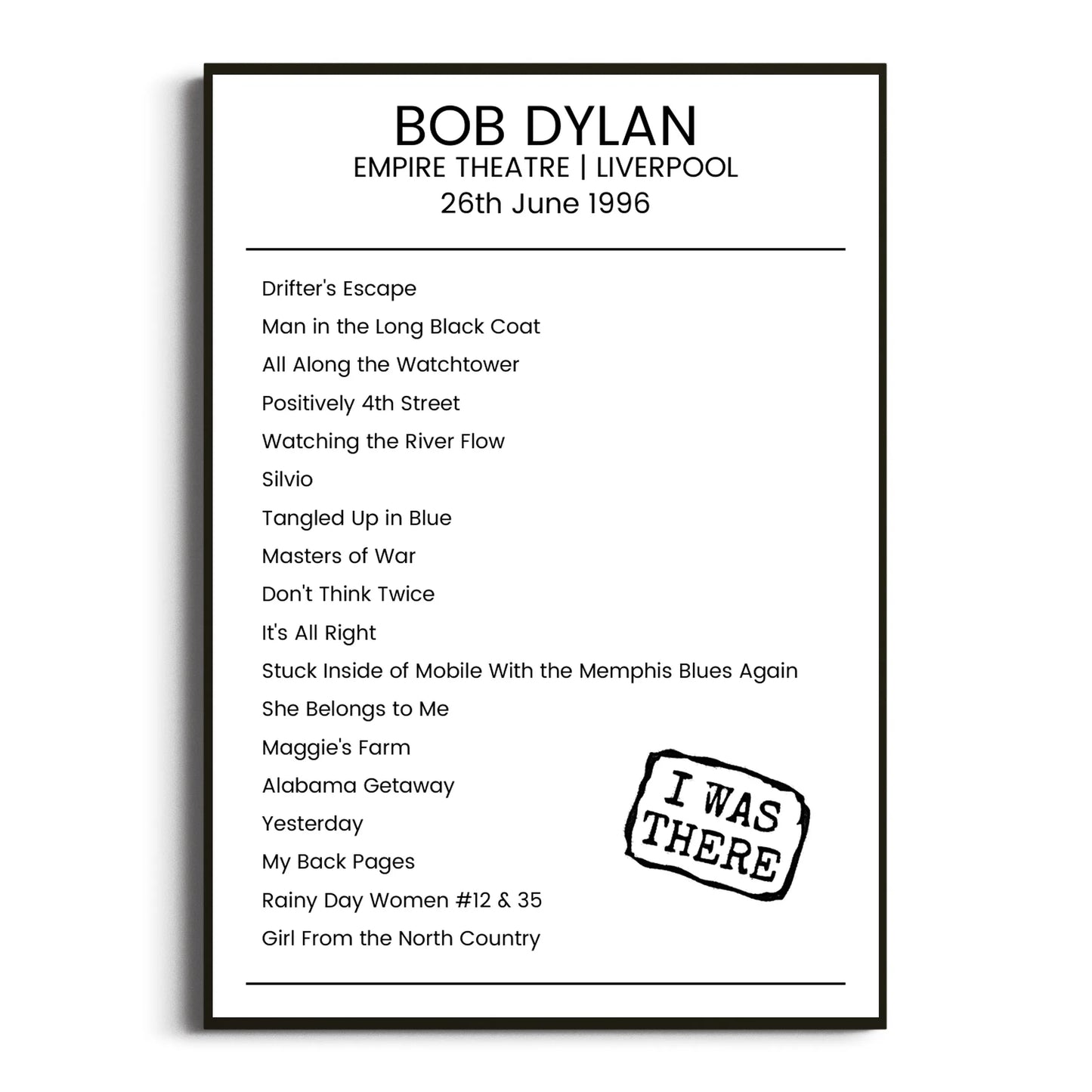 Bob Dylan Liverpool 26 June 1996 Setlist Poster