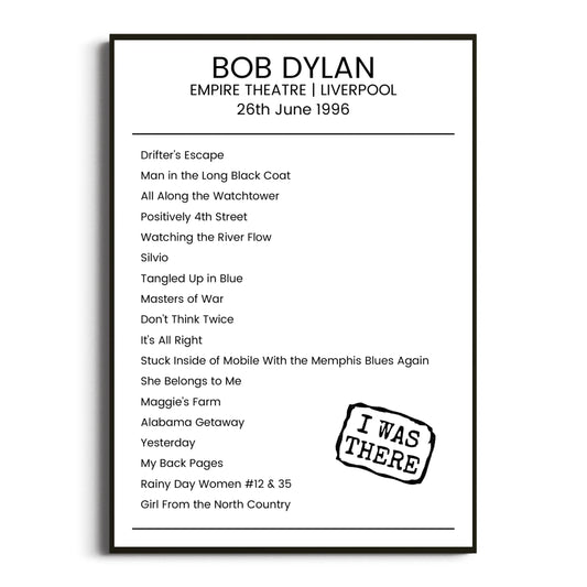 Bob Dylan Liverpool 26 June 1996 Setlist Poster