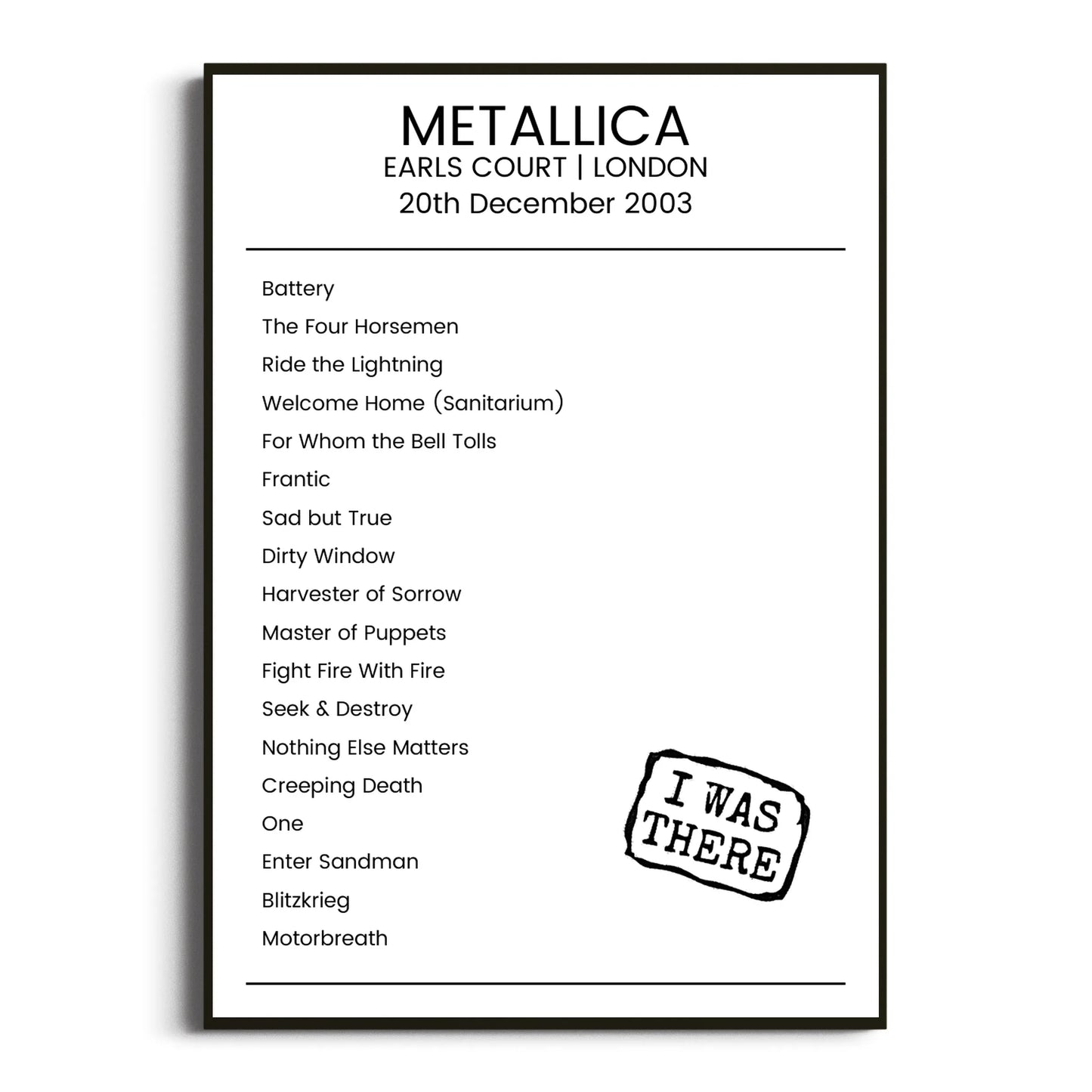 Metallica London 20 December 2003 Setlist Poster