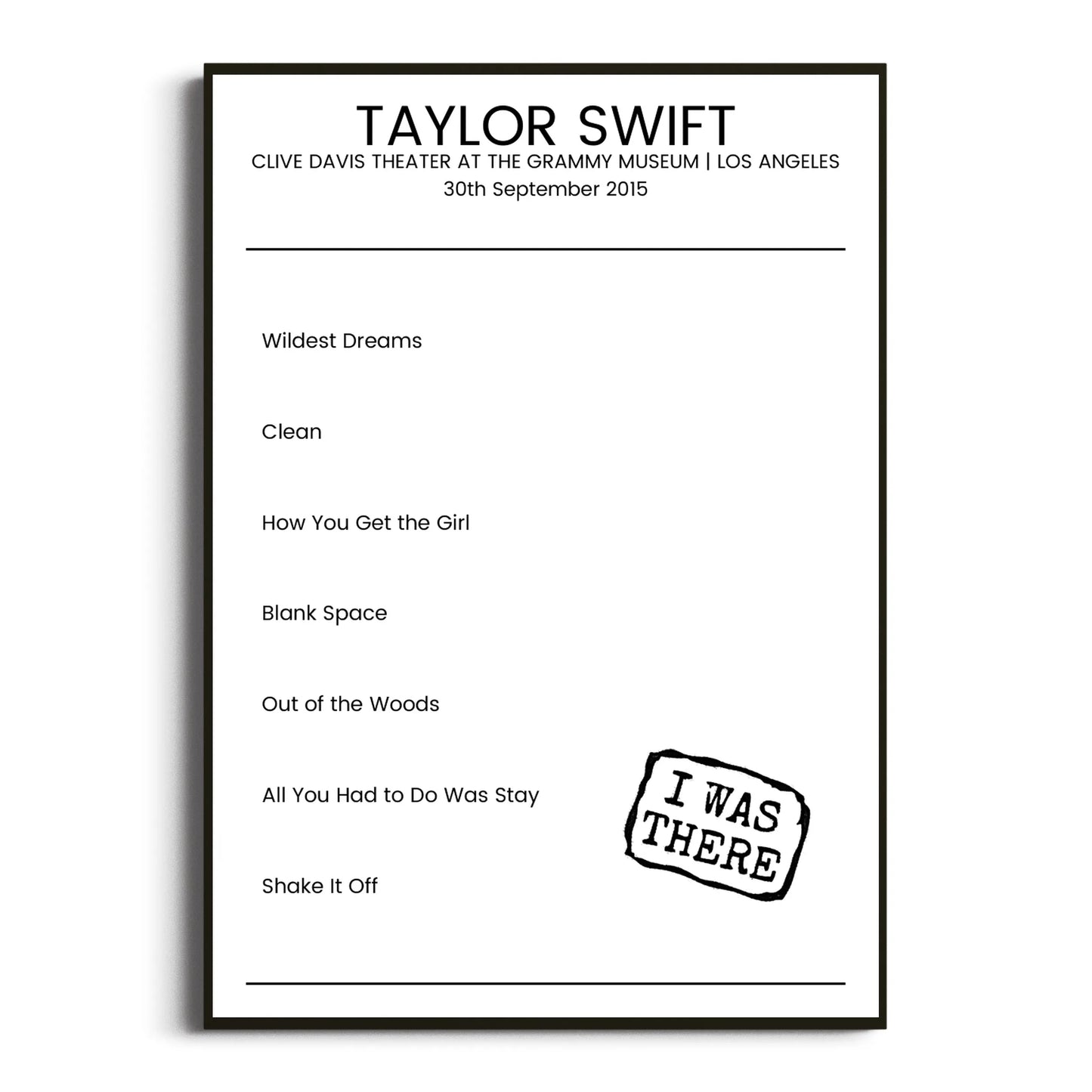 Taylor Swift Los Angeles 30 September 2015 Setlist Poster