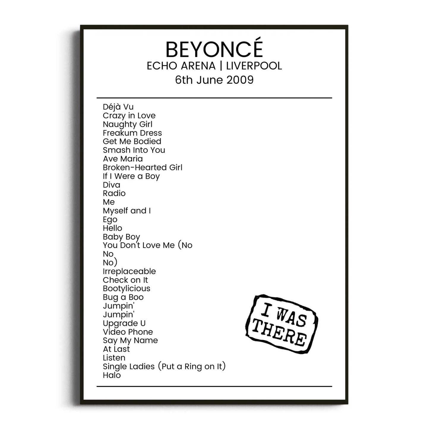 Beyoncé Liverpool 06 June 2009 Setlist Poster