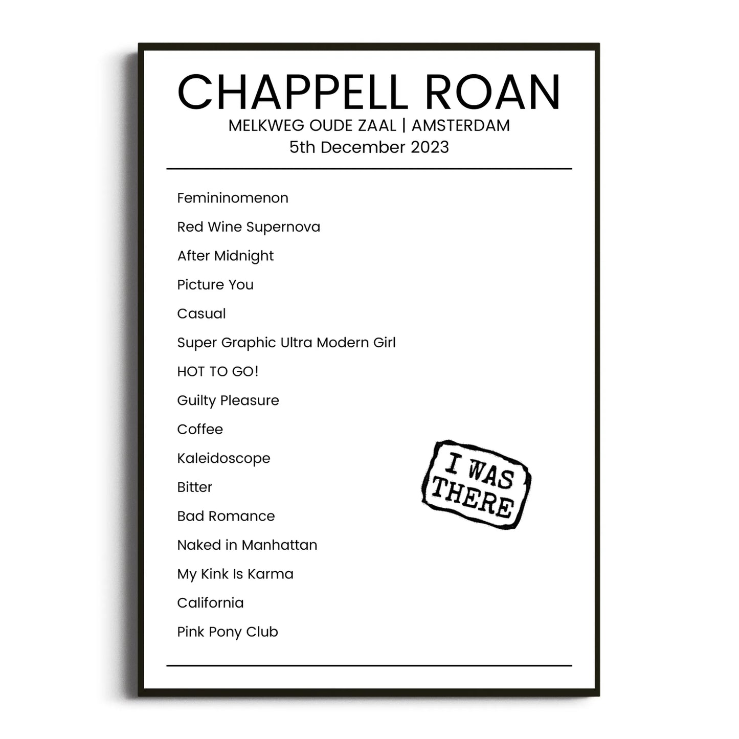 Chappell Roan Amsterdam 05 December 2023 Setlist Poster