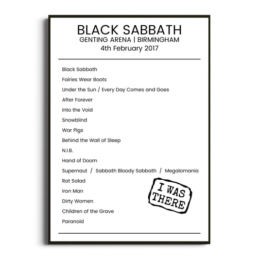 Black Sabbath Birmingham 04 February 2017 Setlist Poster