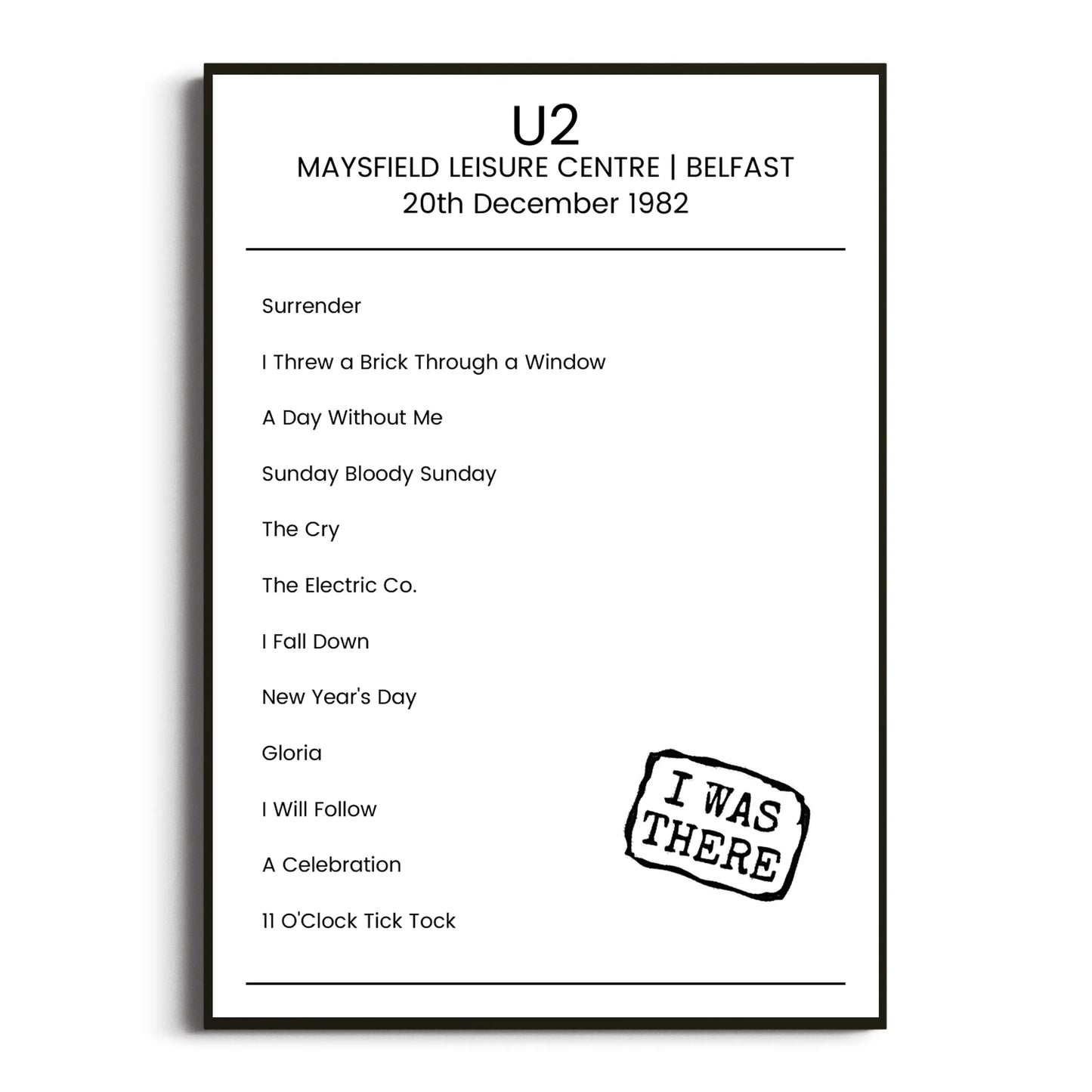 U2 Belfast 20 December 1982 Setlist Poster