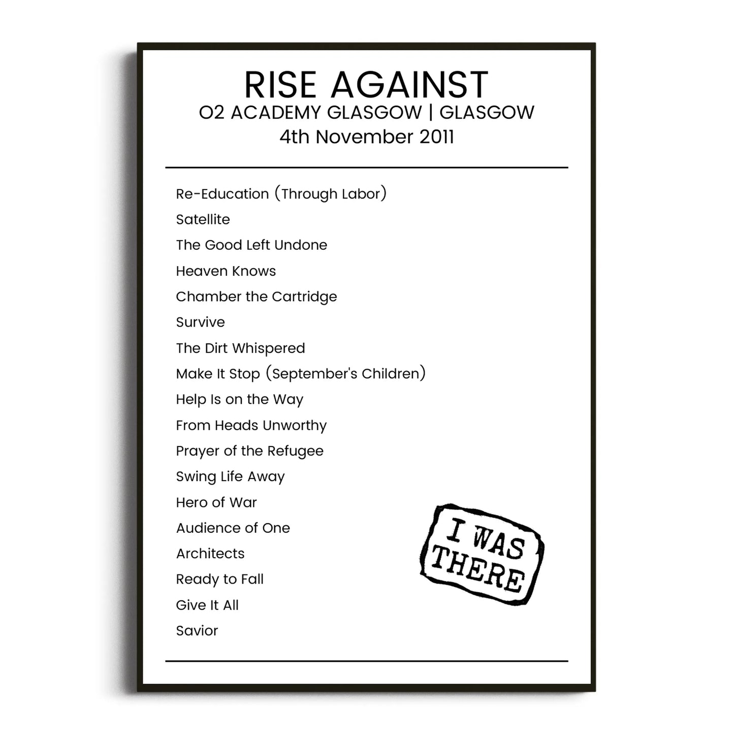 Rise Against Glasgow 04 November 2011 Setlist Poster