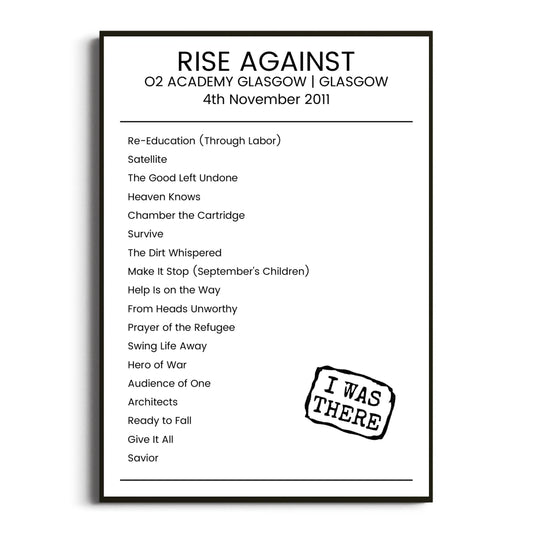 Rise Against Glasgow 04 November 2011 Setlist Poster