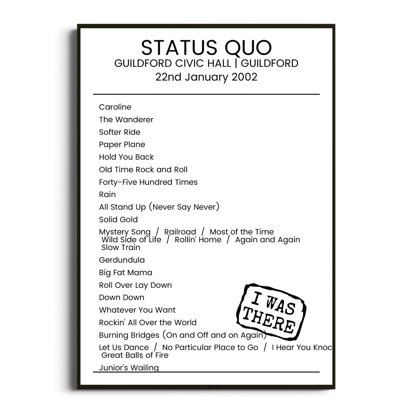 Status Quo Guildford 22 January 2002 Setlist Poster